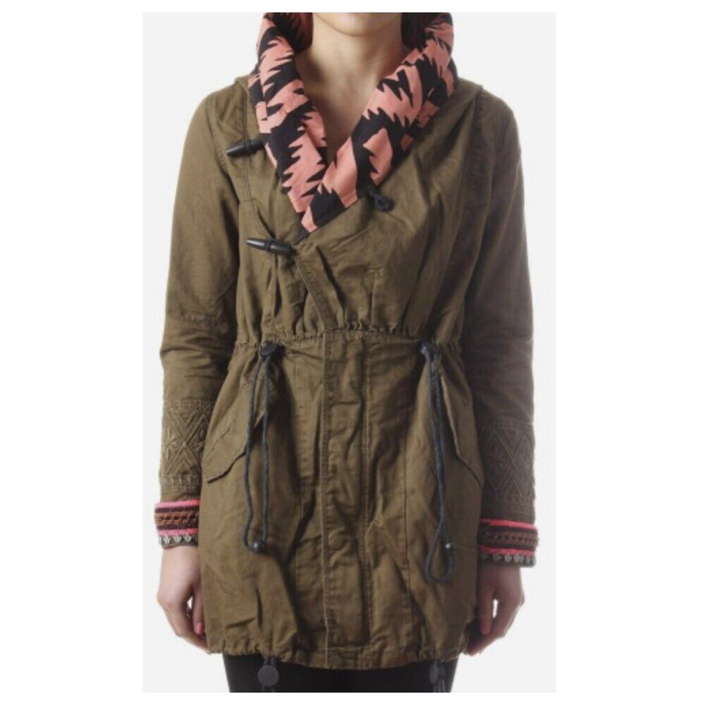 Maison Scotch Women's Fold Over Collar Embroidered Cuff Parka Khaki Size 6